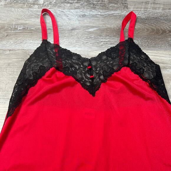 Avon Style Red Satin Slip Dress with Black Lace Trim and Button Front - Picture 3 of 6